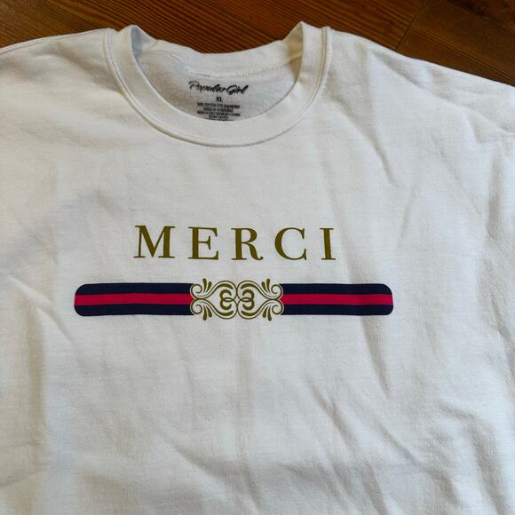 Popular Girl white Merci French graphic crew sweatshirt SIZE XL - Picture 2 of 5